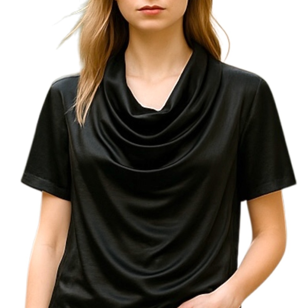 VINTAGE DESIGNER CLASSICS Top Black Washed Sanded Silk Cowl Neck Womens SZ Small